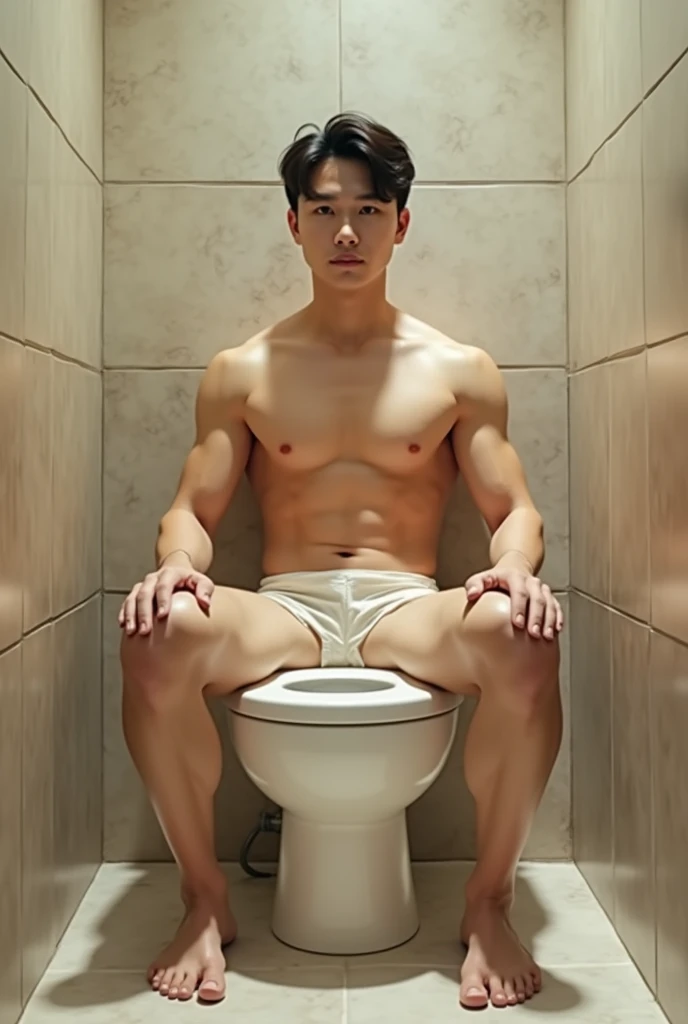 realistic photo, intricate, detailed, 4K photo quality, very clear, a very realistic sitting toilet in the form of a very handsome man, Korean face, very ideal body, bare chested, his body as a water tank for the sitting toilet, so that the toilet user when defecating seems to be sitting on the lap of the Korean man, make it realistic with materials that look natural like real humans, the atmosphere of the spacious bathroom is like being in a karaoke room with soft and bright lighting, the words "Design by Ronny B" are clearly visible hanging artistically.