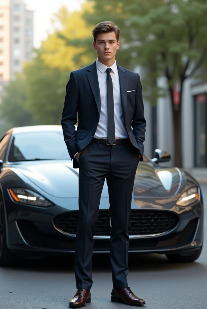 Male age18. Businessman standing next to car
