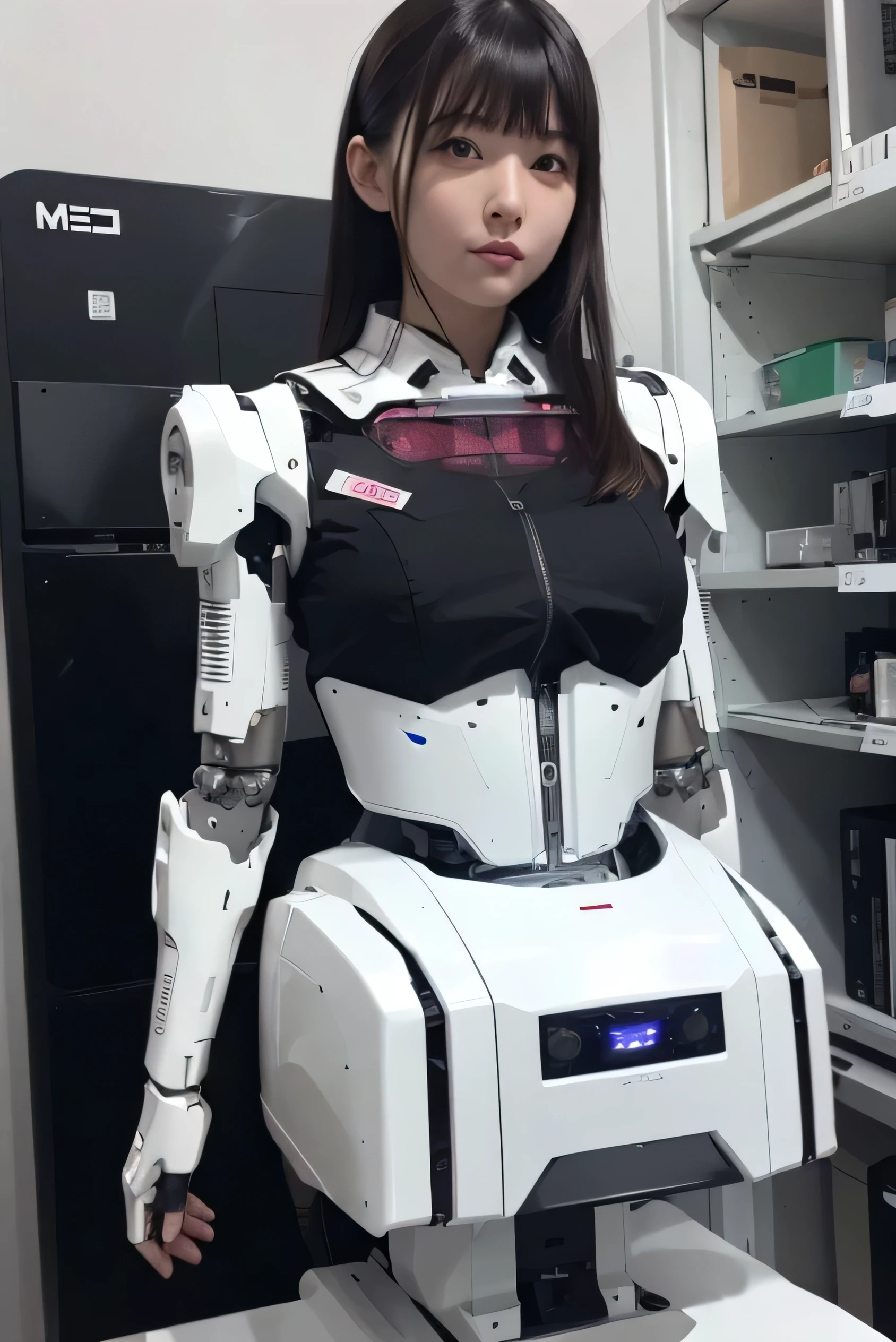 masterpiece, best quality, extremely detailed, 8k portrait, Japaese android Girl,Plump , announcer,control panels,android,Droid,Mechanical Hand, Robot arms and legs, Black Robot Parts,Black hair,Mechanical body,Blunt bangs,perfect mechanical abdomen,White robotics parts,perfect robot woman,future laboratory,cyber pank,charging spot,laboratory,long tube,thick cable connected her neck,ceramic body ,perfect mechanical body,android,robot humanoid,black sponge joints,The removable cover is in the groin,The connection port is in the groin,opened chest panel,access panel on the chest,opened breast panel,perfect mechanical breast,white machine body,She has repaired,assembly plant,miniskirt,office-lady