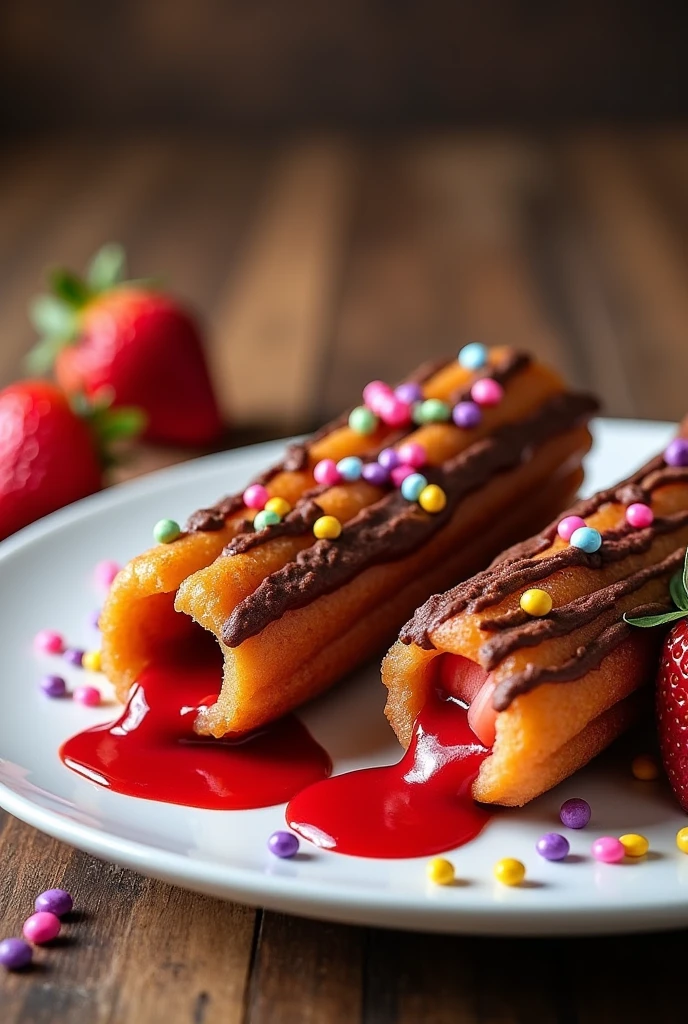 generates a very real image of two delicious and appetizing Spanish-style churros with chocolate coating and colored chips on a white plate on a wooden table, where one of them is cut in half, letting its strawberry syrup filling fall onto the plate. There are some fresh strawberries next to the plate.. There is good lighting because it is a professional food photography for advertising.