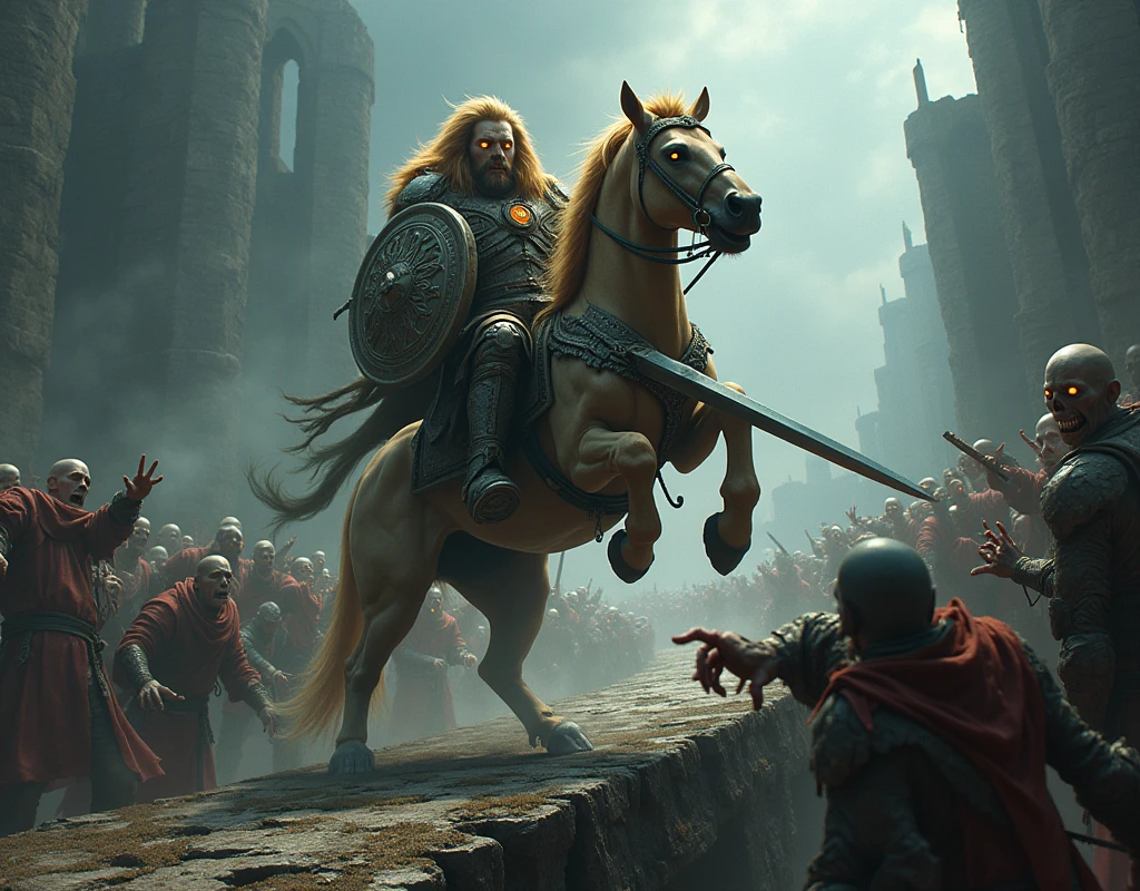 A humanoid lion warrior, mounted on his horse, crossing a bridge full of zombies