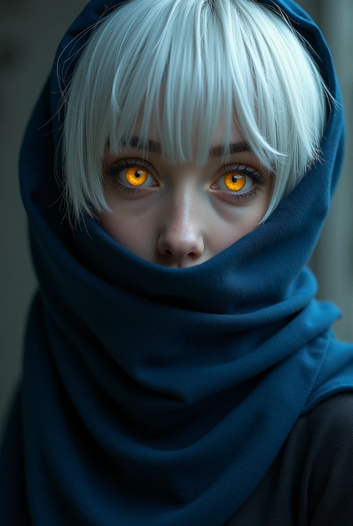 , with short white hair, yellow eyes, dark blue scarf