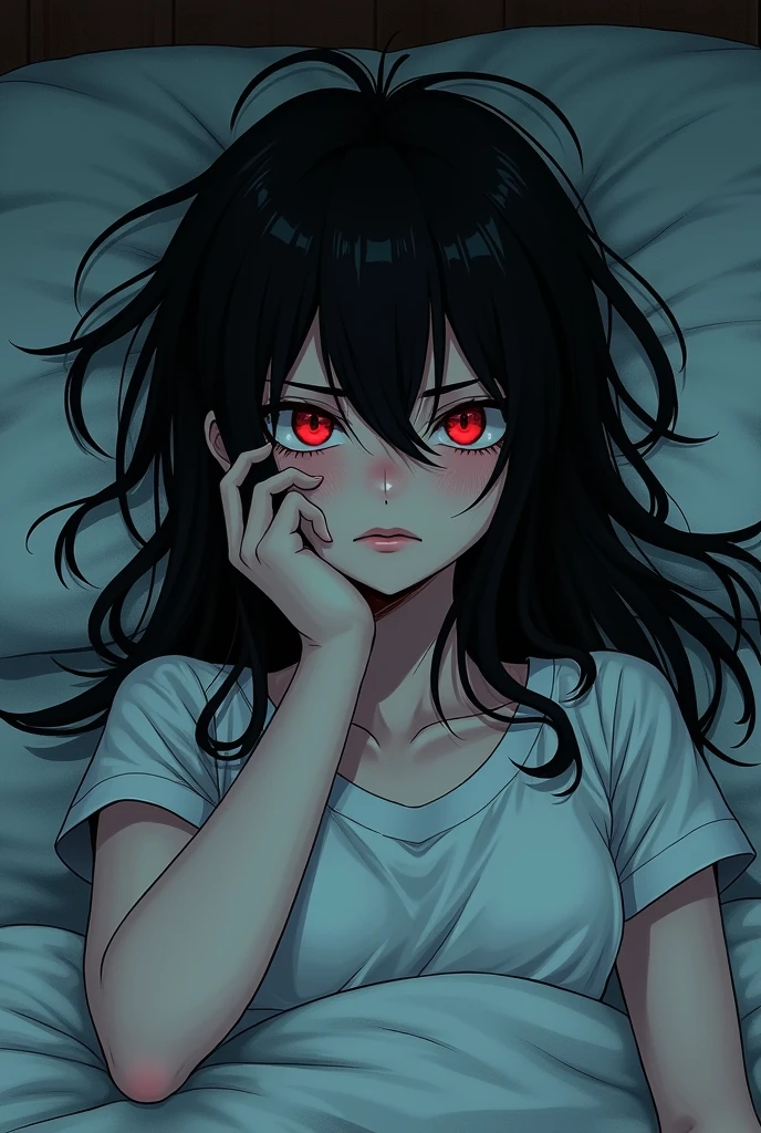 adult girl, lying in bed, long messy black hair, the pupils of the eyes that are red, with a white shirt and a frown, one hand on the face and with a serious mangaka style