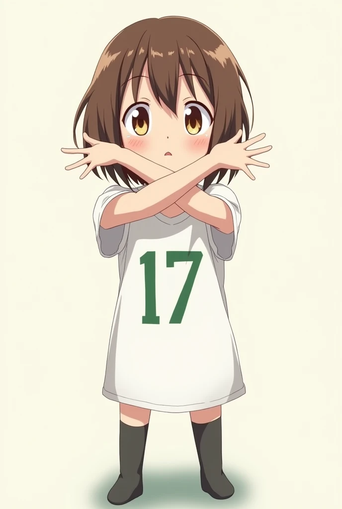 A character with brown bob hair is making a cross sign with both arms　My hands are not open、It is in the shape of a hand knife.　Arms crossed in front of chest、Forms an X　Comical anime style　He is wearing a white T-shirt with the number 17 written in green.