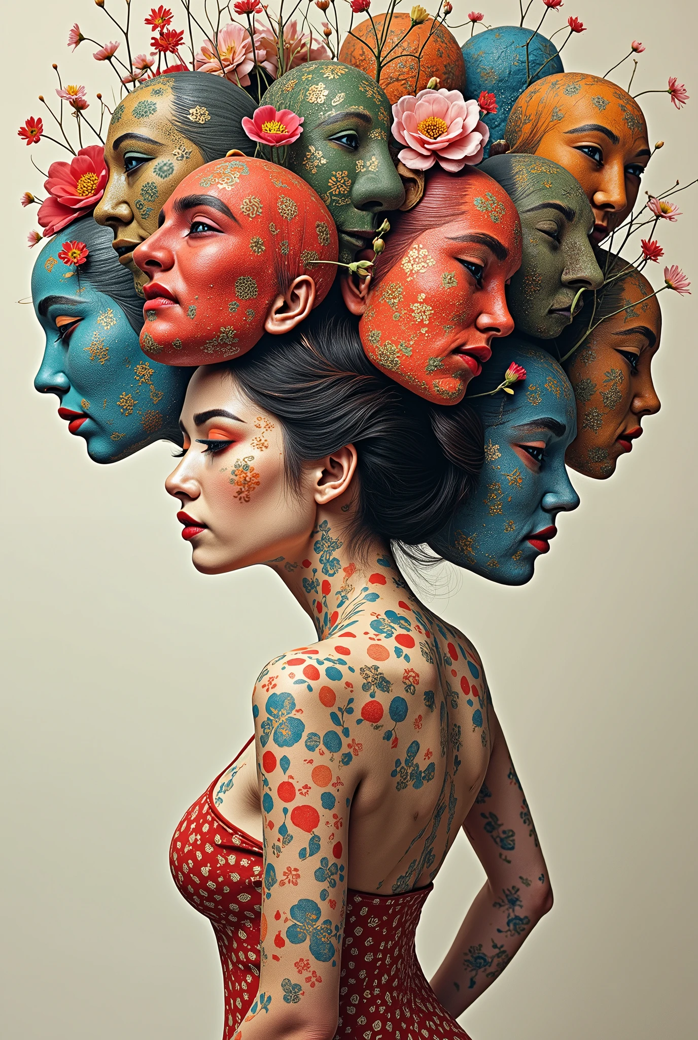 Expressionist artwork images of multiple floating ceramic heads, 3d collage style, make it weird and gallery worthy, ((japanese woman)), portrait, absurdres,highres,ultra detailed,ultra-detailed background,detailed background,extremly detailed,1girl,bunch of flowers,(zentangle:1.2),(geometric:1.2) multi-colored color palette, monochromatic, big , cleavage, sideboob, lingerie, realistic depiction, arms behind back, kaleidoscopic, multidimensional, ethereal glow, captivating uniqueness, surreal juxtapositions, visual symphony, unforgettable visual narrative, edgy, mathematical, simple-shaped vectors, highly modern, stylistic, polygonal abstraction, vector art, bold lines, minimalist color scheme, digital art, abstract geometry