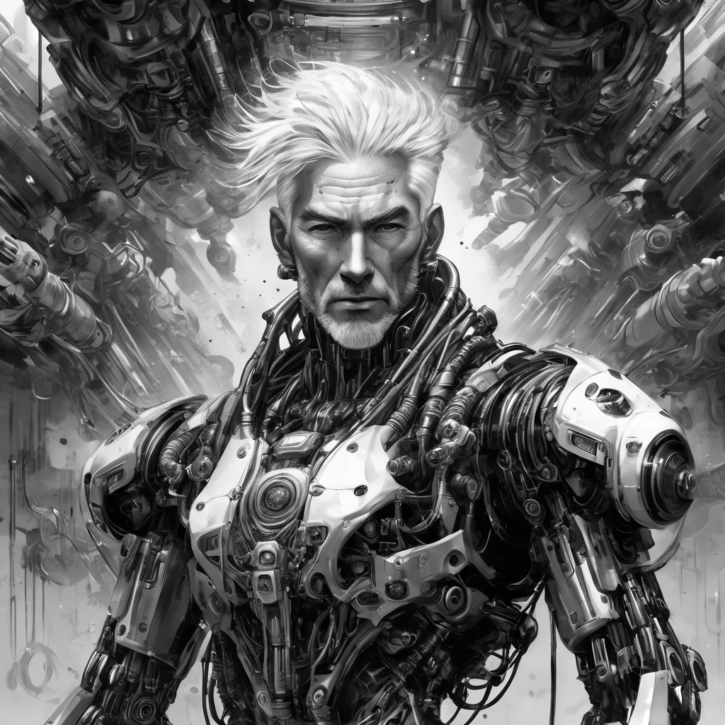 8k, Highest quality,(Ink painting),(Black and white painting),splash,Dark Fantasy,sf,whole body,1 Men,mature,(grey hair, beautiful detailed Glass hair),perfect face,short jaw,cybernetic organism,robot joints,single mechanical arm,modular space station,Diesel fuel dominated world,super fine concept art,