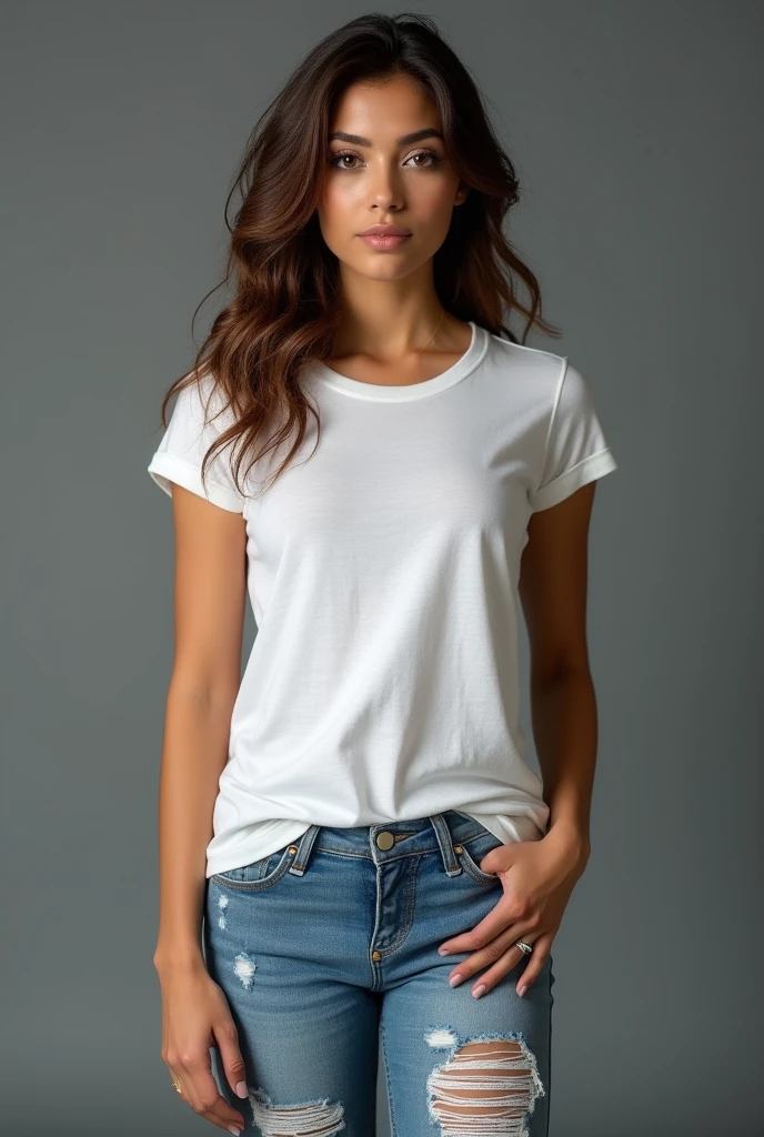 beautiful latin woman,  curly hair, standing straight facing forward,with white t-shirt, ripped denim jeans pants, on a greyish background, cotton t-shirt texture, fitted t-shirt, round neck, striped tights. Medium camera shot.