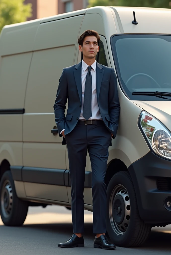 Male age18. Businessman standing next to van