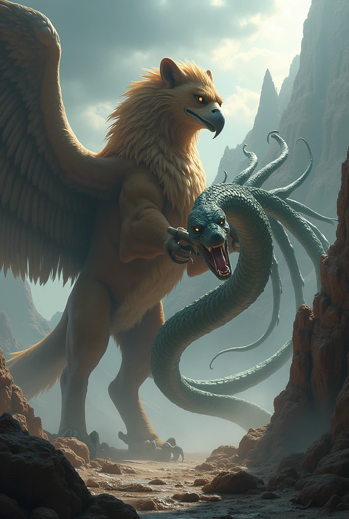 Griffon fights a nine-headed snake.