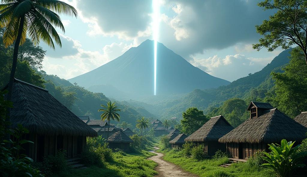 Village from ancient Ternate island, Maluku, Indonesia with an abstract white light on the top of the mountain that stretches straight towards the sky