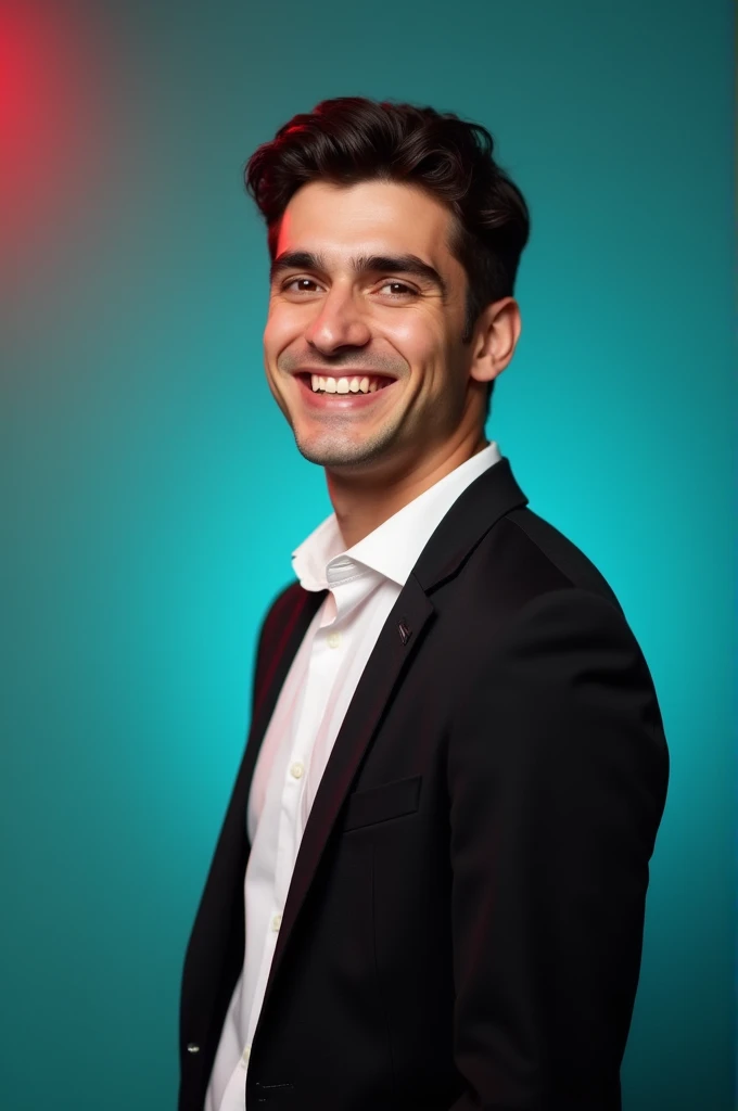 A young man with dark hair and a confident smile. He is dressed in a black blazer over a white shirt. The man is positioned against aqua colour backdrop with a subtle red lighting on the left side. and he posing for Linkedin profile