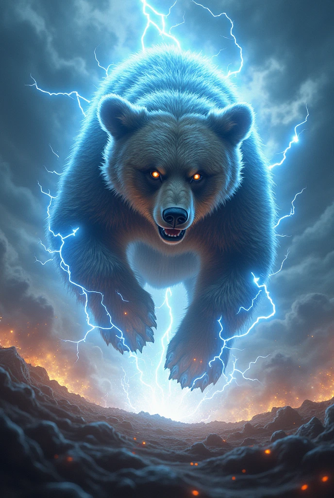 masterpiece,High resolution, Thunder Elemental Ghost Brown Bear、Jumping on the audience、electrification、Illumination、From an angle、