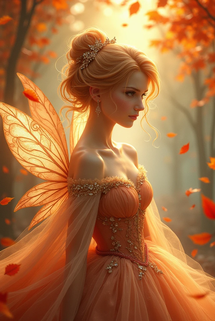 A woman with strawberry blonde hair、Queen fairy with a bun, Wearing a dress,With shining wings,Surrounded by autumn leaves