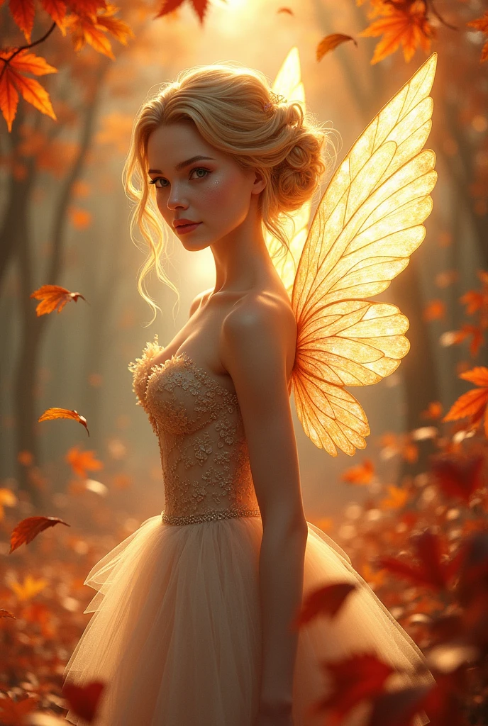A woman with strawberry blonde hair、Queen fairy with a bun, Wearing a dress,With shining wings,Surrounded by autumn leaves