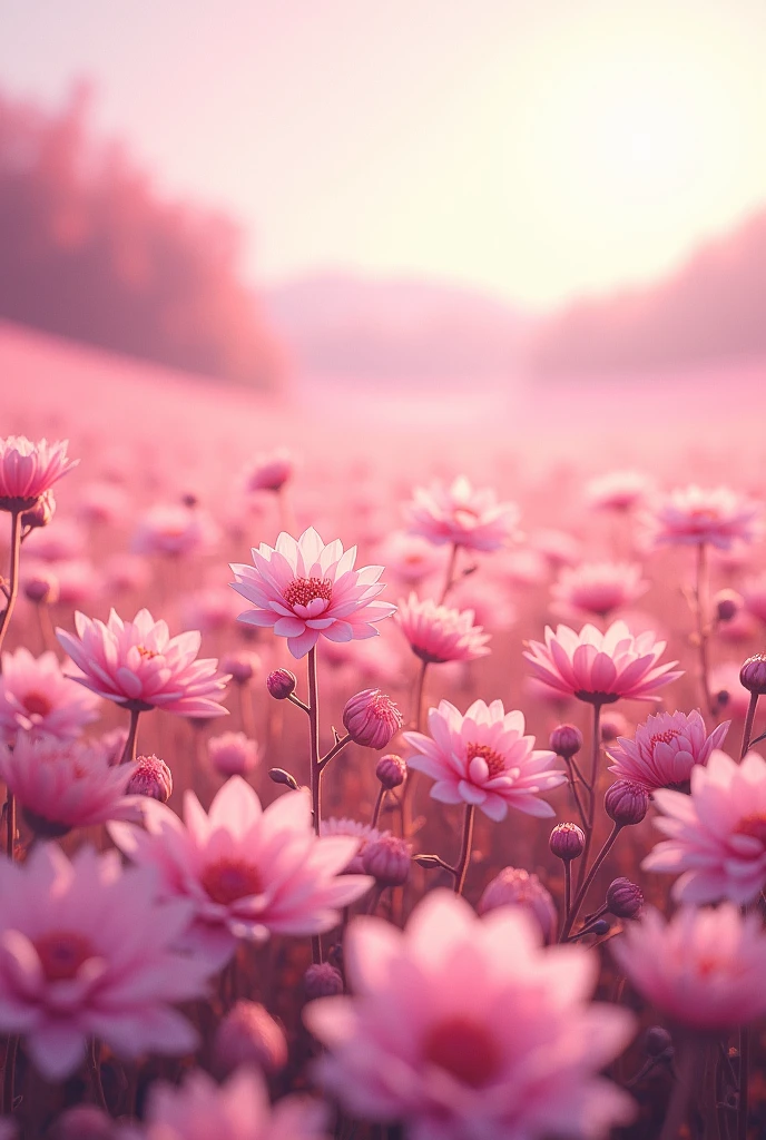 Digital hyperrealistic art, a field with pink tones with pink flowers