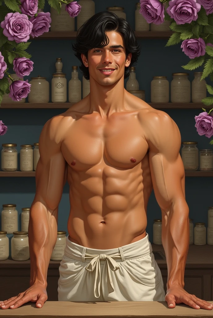 in jc leyendecker and paul cadmus art style, fullbody, a young latino man standing behind the counter , calm gentletly smiling, soft colors, with a confident look, shirtless, pantless, smiling, sexy gaze, perfect anatomy, the merchant, shelves with boxes, jars  skinny detailed muscles, muscled legs, handsome, gorgeous, man adventurer, latino,  purple roses, smirk, short bob haircut, ruffles, silk, reach intricate backgroun