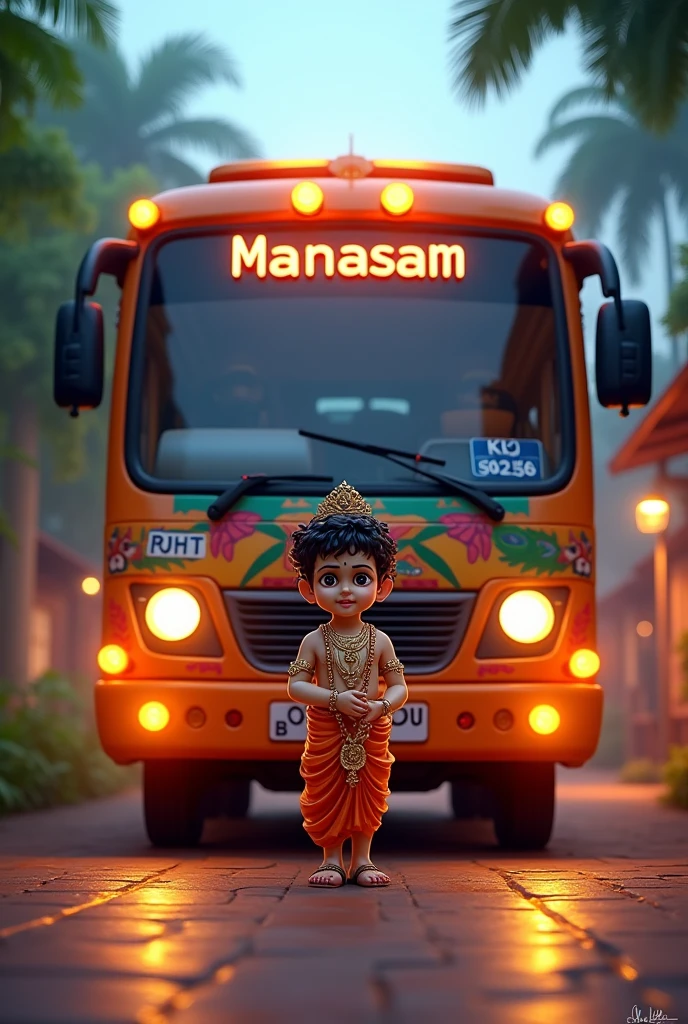 A kerala bus named manasam no kl 59 h 3656 littil loard krishna standing front of the bus and all light on