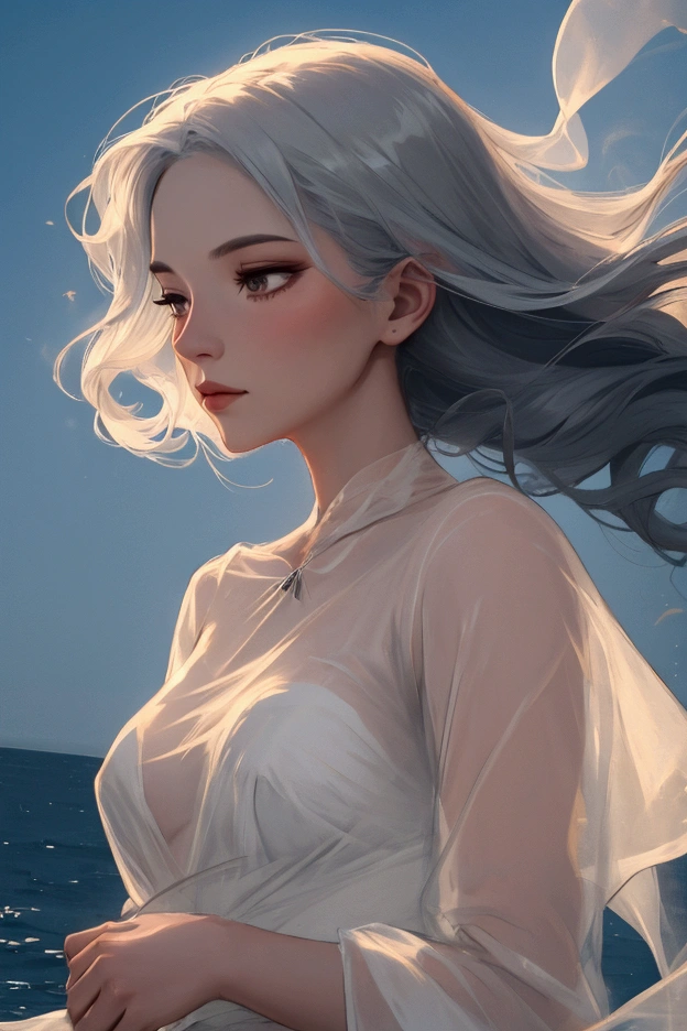 Portrait of a woman in smoke gently dispersing in the wind.