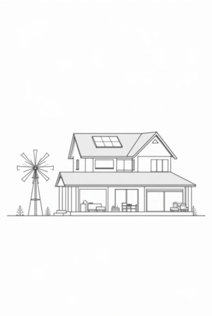 sketch a 2 story plain  design of a residential house with solar panel and windmill, rain water catchment ... make it as black and white lines and no backgrounds
