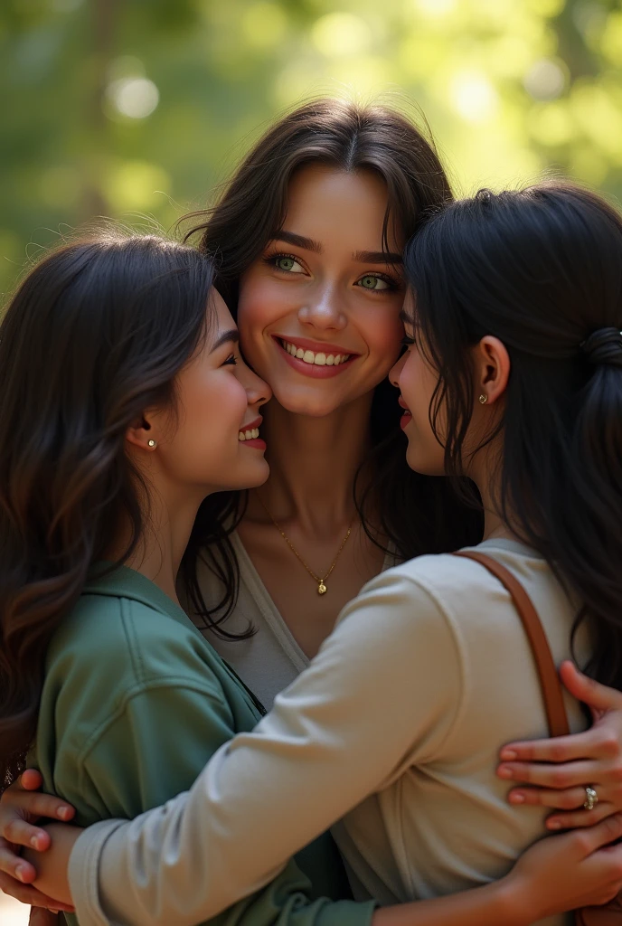 a young woman with white skin .black hair . green eyes , high hugging a group of realistic college friends