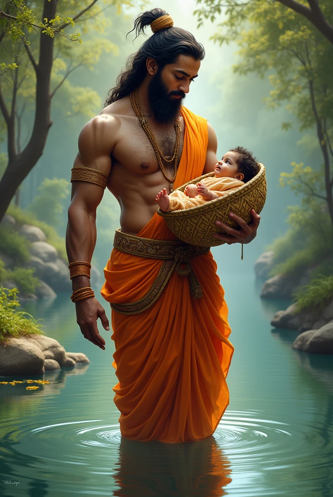  depicts a vasudev in a traditional Indian outfit, standing in a body of water and holding a basket with Sri Krishna it.