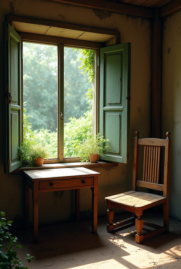 Table and an old chair in the corner of the living room of an old house and a garden