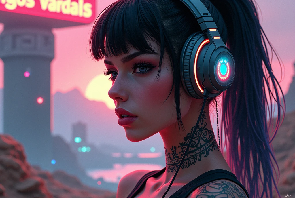 Futuristic female with ear phones, She has an "Eye of Horus" egipcian tattoo on her neck, Add a bold, "Tangos Vandals" sign in the scene. image horizontal.