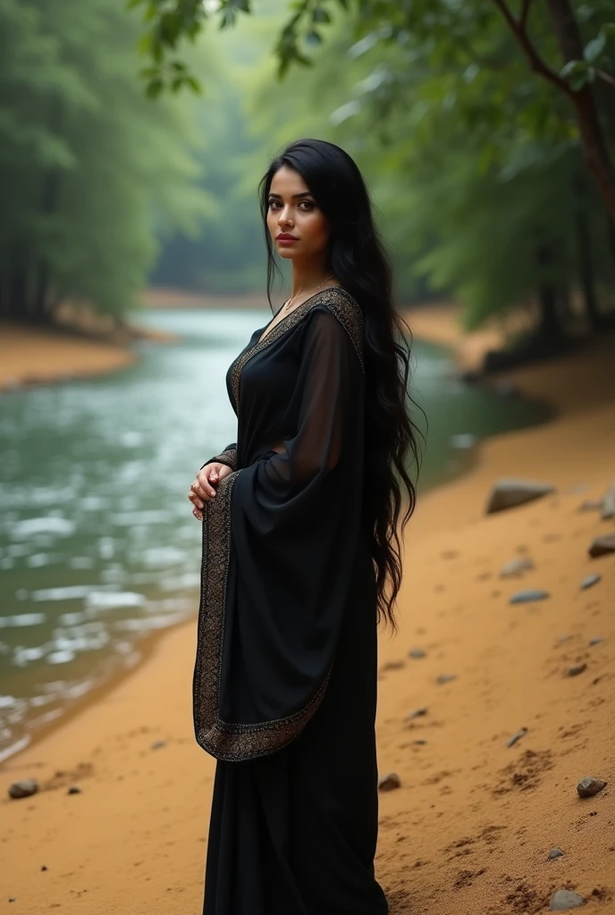north indian beautiful woman in black long hair and black eyes with black open saree standing in sand in side of river and forest