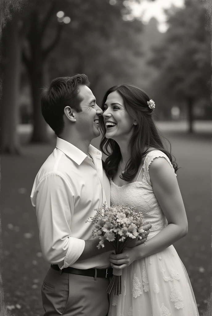 A black-and-white photograph of a couple laughing together in a park, with one of them holding a small bouquet of flowers. The photo is slightly faded, giving it a nostalgic feel.