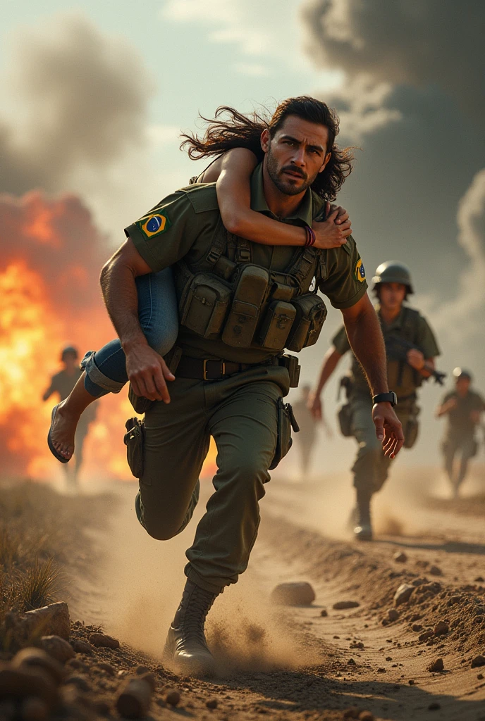 Soldier who is at war, who has a Brazilian flag on his right arm, with the name Gabriel on the uniform on the chest, running away from explosions with a woman on his lap, 