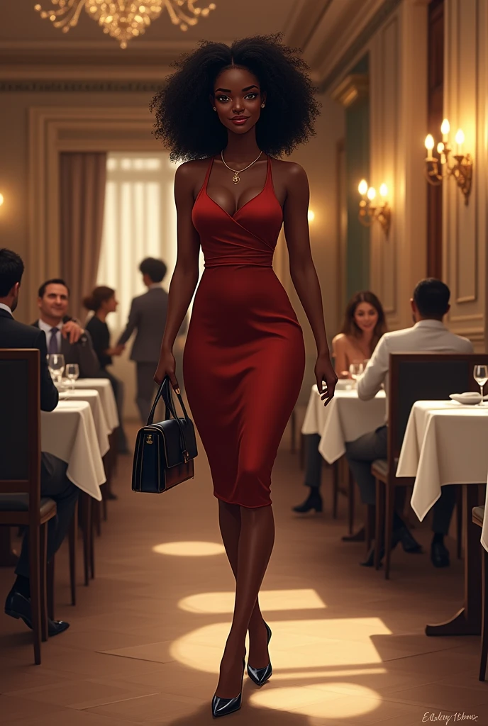 Generate an image of a black skinny curvy woman in a classy wear walking inside a restaurant