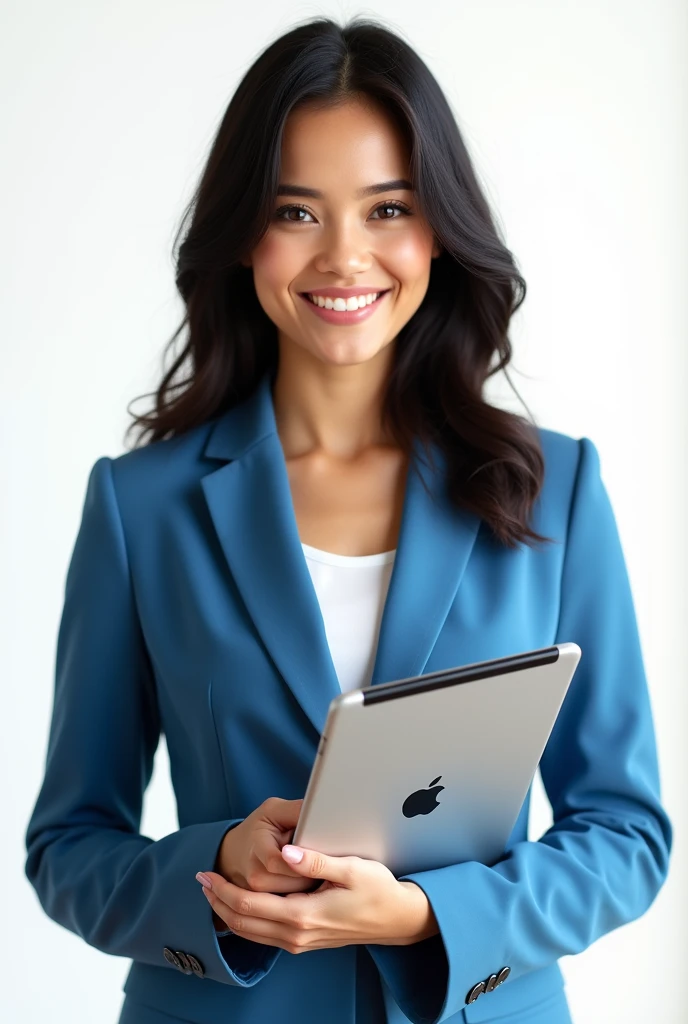 Photo of a young prety woman with dark hair wearing a blue blazer. He is holding an iPad in her hands. She is smiling at the camera with her full figure in the frame. The background is pure white. The image has soft lighting and is in high definition.