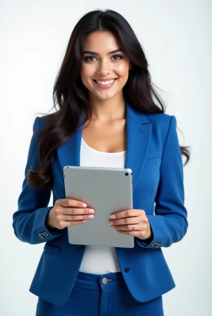 Photo of a young prety woman with dark hair wearing a blue blazer. He is holding an iPad in her hands. She is smiling at the camera with her full figure in the frame. The background is pure white. The image has soft lighting and is in high definition.