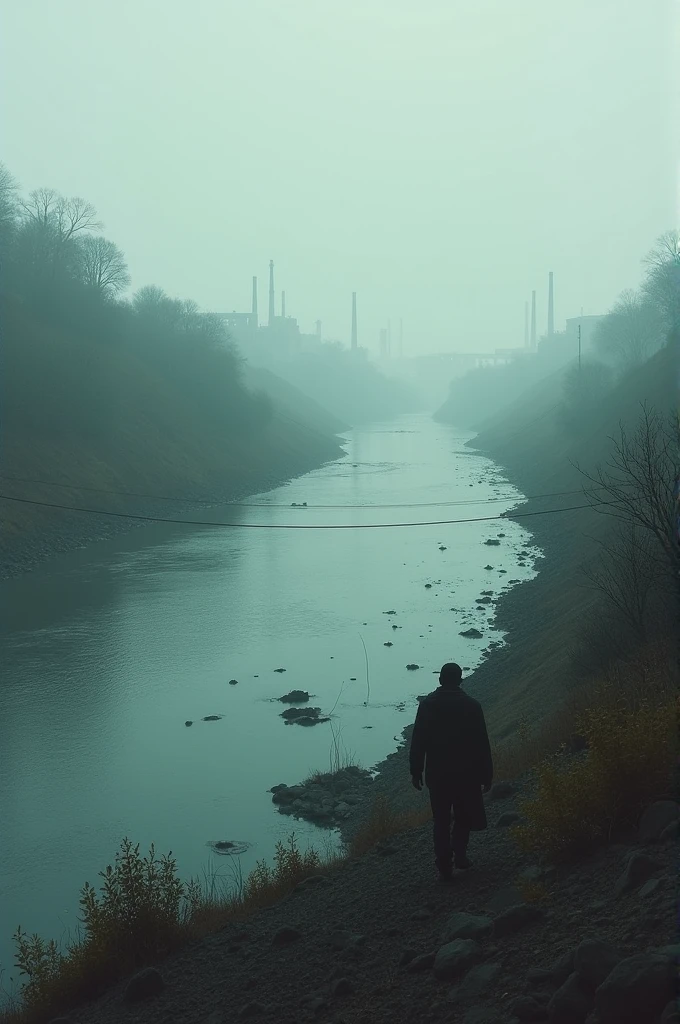 River across a polluted city, ((wide river)), some vegetation on the shores , ((point of view from river side on the ground close to the water)), grey sky, gentle slope on both river sides
INFO