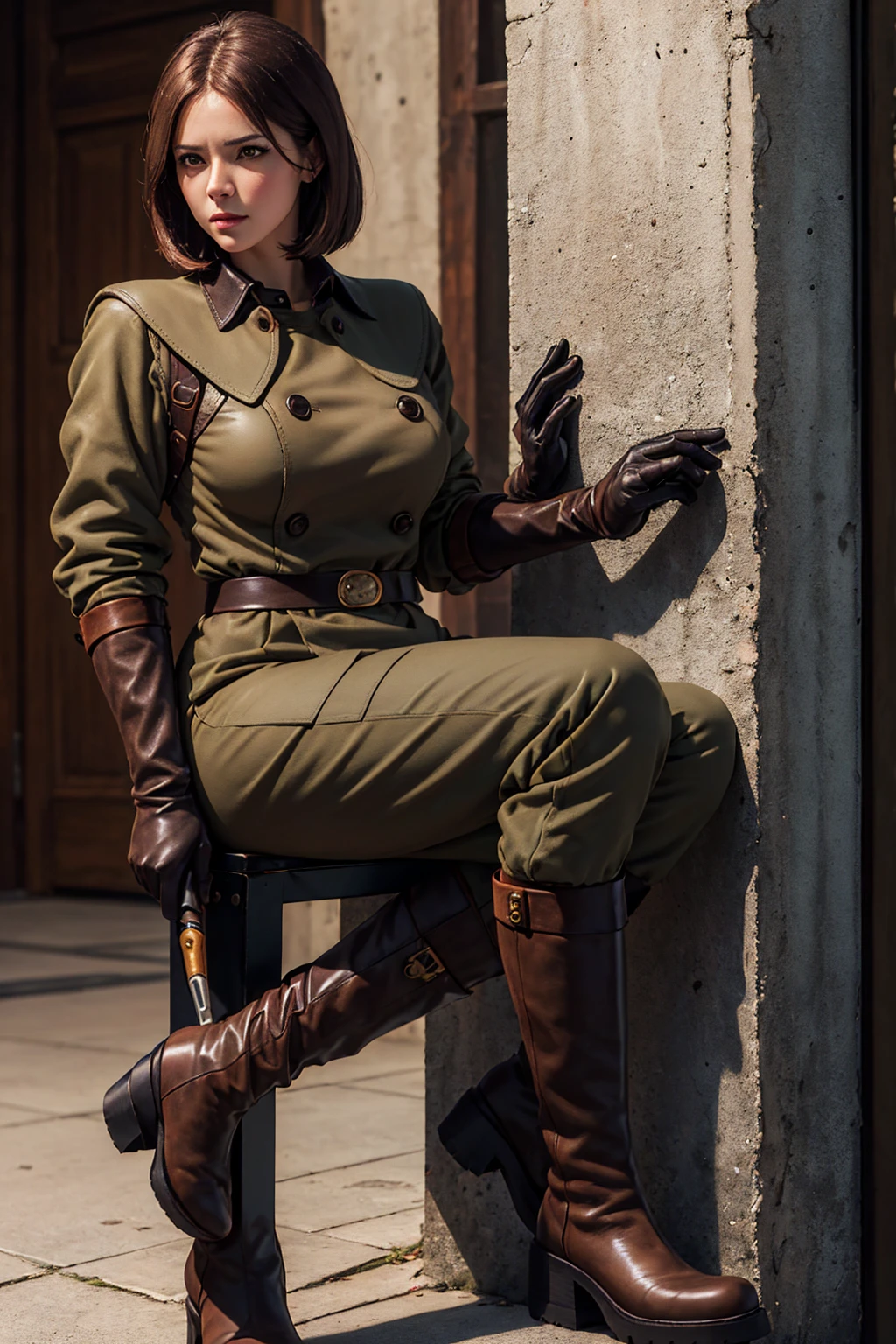 (Best image quality, highest quality, Highest Resolution, Ultra-Realistic Images, Very detailed, masterpiece, 8k), One Woman, Brown medium hair, Khaki military uniform, Leather gloves, Leather boots, With a blue whip, big Breasts, blush, serious look, Browsing Caution, half body, perfect face, defined body