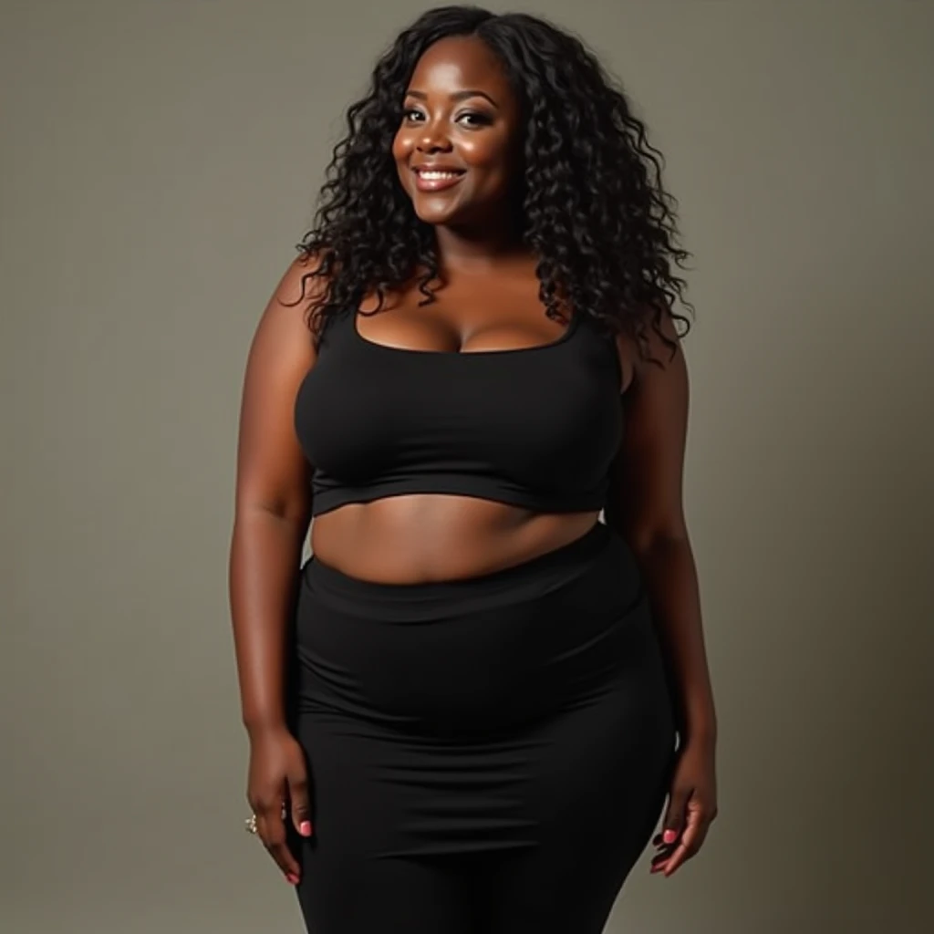 Curvy ebony girl, big hips, big butt, busty, fully clothed, tank top and tight fitted black long skirt