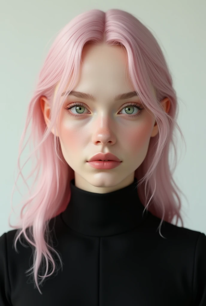 3d, Light pink and very long hair, light green eyes, serious face, a black turtleneck blouse