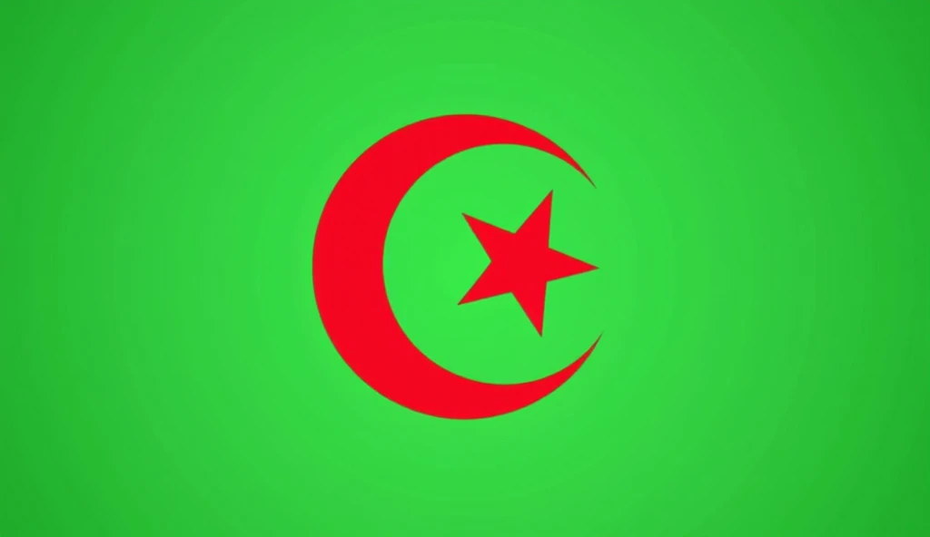 Algeria as an arabic Disney Pixar character in green, white and red colors. Red crescent moon and red five-pointed star. Algeria background