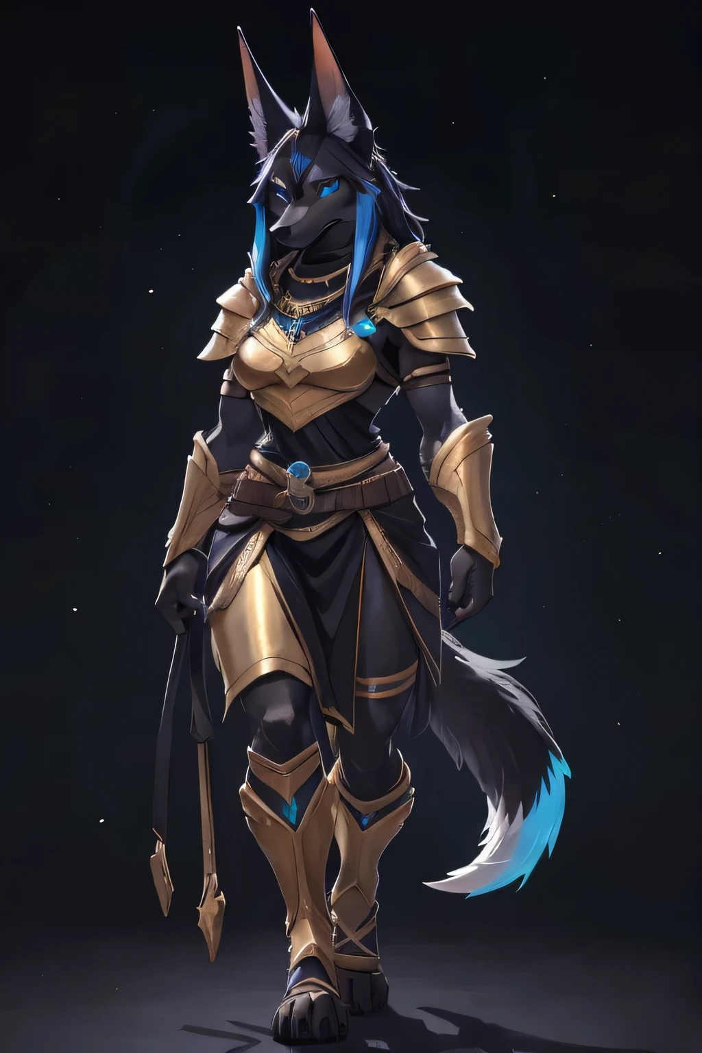 a furry drawing of a jackal woman walking toward viewer, near an oasis, ((background at night 1.2, dark background)), blue eyes, full body picture, digitigrade legs, black wolf paws, black wolf foot paws, wearing golden jackal armor with blue highlights, jackal warrior, attractive jackal girl, female anubis, ((Black Fur 1.5)), ((black hair with blue highlights 1.2)), ((Detailed eyes 1.2)), ((Detailed hands 1.5)), black muzzle, solo picture, alone, wolf tail, furry tail, jackal tail, anthropomorphic jackal ninja, furry fantasy art, anthromorphic jackal, jackal girl, female anthropomorphic wolf, anthropomorphic female jackal