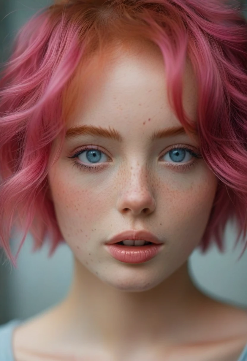 Beautiful cinematic stills, One person, alone, short hair, blue eyes, Pink Hair, Redhead, parted lips, teeth, Blurred, lips, Blurred background, Messy Hair, Portraiture, freckles, Realistic . Emotional, Harmonious, Vignette, 4k amazing detailed, Shot with Kodak, 35mm Photography, Sharp focus, High budget, CinemaScope, Sulky, amazing, nice, Film Grain, granular, (masterpiece), (Highest quality), (Very detailed)