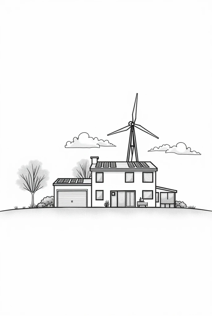 sketch a 2 story plain design of a residential house with solar panel and windmill, rain water catchment ... make it as black and white lines and no backgrounds
