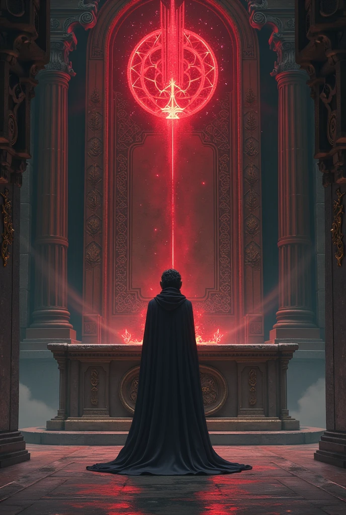 The protagonist stops before a ceremonial altar covered with symbols and complex engravings.
In the center of the altar, A dark crystal emits a faint red glow. The guardian knows that this crystal is the key to calming the forces that are about to be unleashed..