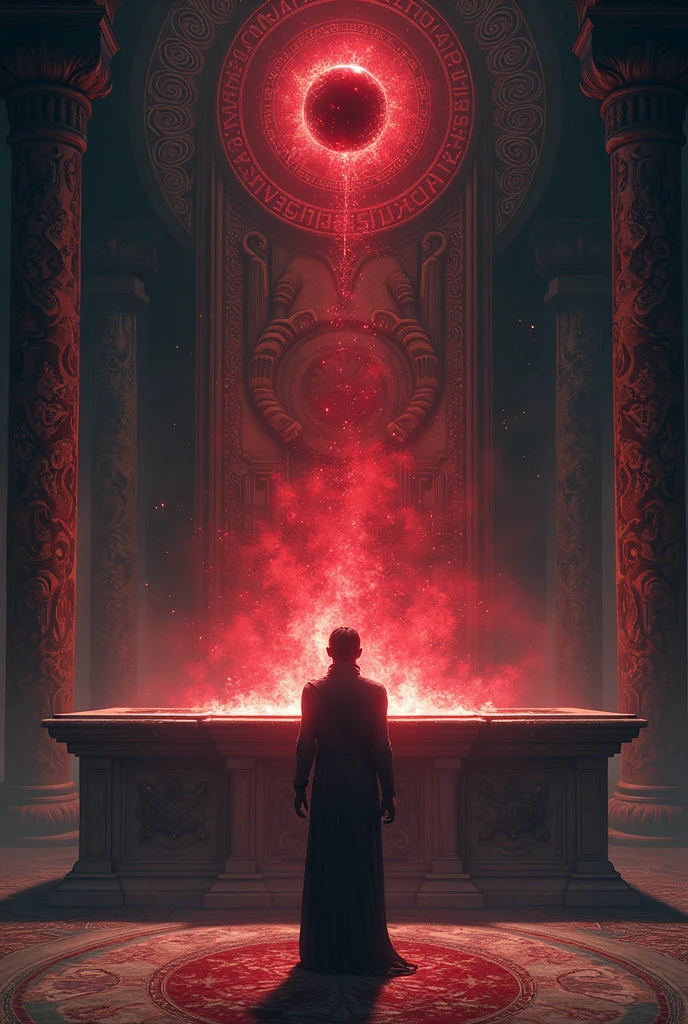 The protagonist stops before a ceremonial altar covered with symbols and complex engravings.
In the center of the altar, A dark crystal emits a faint red glow. The guardian knows that this crystal is the key to calming the forces that are about to be unleashed..