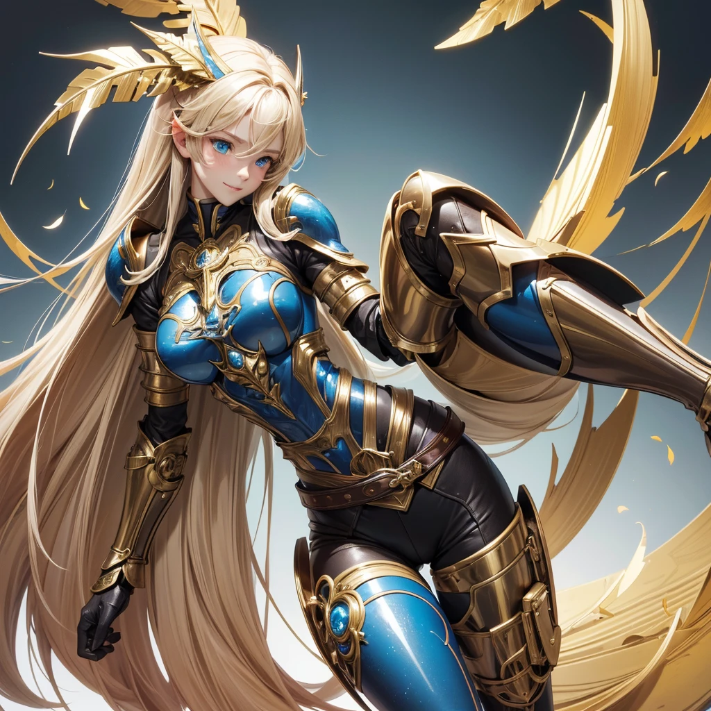 (8k, raw photo, Best Quality, maestro:1.2), (anime-anime photo:1.37), ultra detailed, 1 girl, beautiful, alone, Beautiful detailed blue sky with fluffy clouds, (blush), (whole body: 1.1), (smile: 1.1), (shut up), big breasts, Beautiful and delicate eyes, (Blue armor with intricate engravings of leaves and flowers, has a gorget, shoulder pads, gorjal, peto, backrest, codales, bracers, gauntlets, hidden, Don Quixotes, kneepads, greaves and scarp : 1.1), Golden metal pieces covering her shoulders and arms, Dark brown leather belt with metal buckles, tight leather pants, Brown leather boots, A cross adorns his chest, (long blonde hair: 1.2), flowing hair, high contrast, Proporciones de whole body, (astride, stretch the legs, thin legs), Chest closeup, full color.