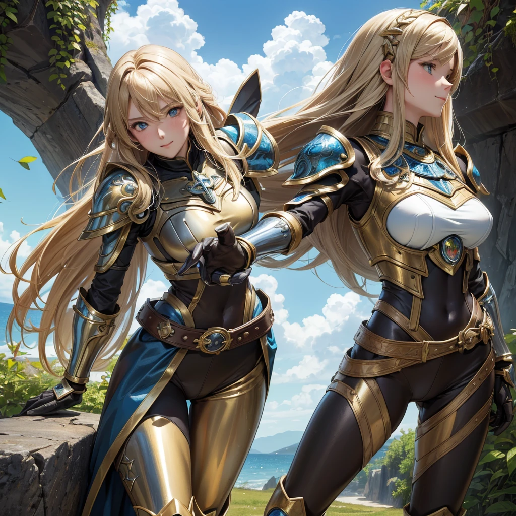 (8k, raw photo, Best Quality, maestro:1.2), (anime-anime photo:1.37), ultra detailed, 1 girl, beautiful, alone, Beautiful detailed blue sky with fluffy clouds, (blush), (whole body: 1.1), (smile: 1.1), (shut up), big breasts, Beautiful and delicate eyes, (Blue armor with intricate engravings of leaves and flowers, has a gorget, shoulder pads, gorjal, peto, backrest, codales, bracers, gauntlets, hidden, Don Quixotes, kneepads, greaves and scarp : 1.1), Golden metal pieces covering her shoulders and arms, Dark brown leather belt with metal buckles, tight leather pants, Brown leather boots, A cross adorns his chest, (long blonde hair: 1.2), flowing hair, high contrast, Proporciones de whole body, (astride, stretch the legs, thin legs), Chest closeup, full color.