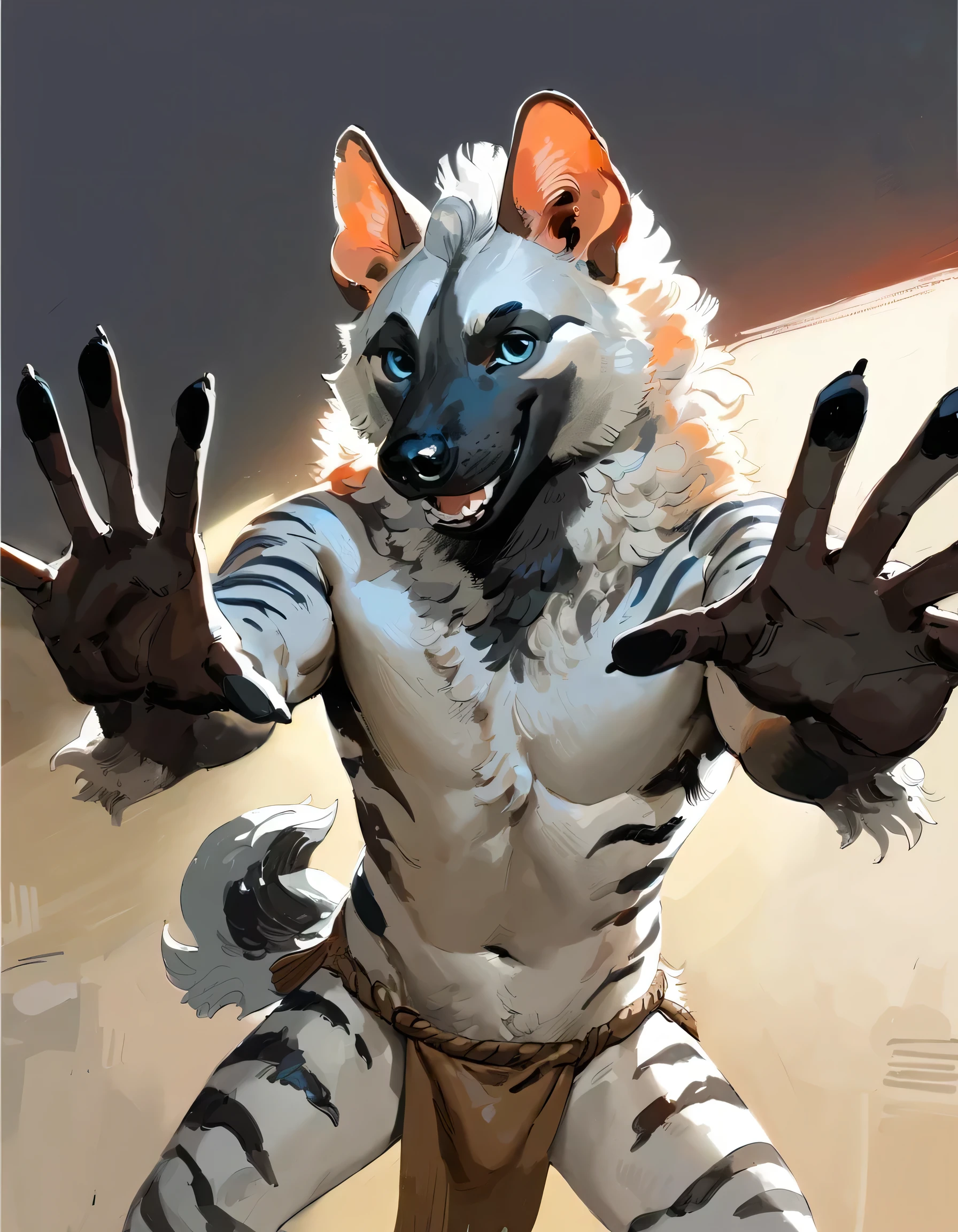 (Striped Hyena), solo, male, (anthro), (by seyorrol), ((simple room background)), realistic shading, (epic, masterpiece, high quality, 8k, ultra HD, absurd res, top quality, best quality, max quality, masterpiece), ((((feminine body))), lean athletic body), realistic blue eyes, squinting, happy expression, wide smile, (offering hug, arms outstretched towards camera, facing camera), (dynamic lighting), ((perfect hands)), detailed fur, (loincloth),
