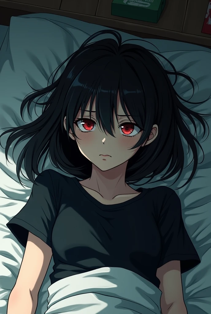adult girl, lying in bed, long messy black hair, the pupils of the eyes that are red, with a black shirt and a frown, and with a serious mangaka style