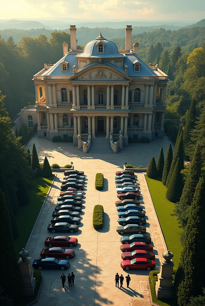 A big exquisite mansion with thousands of security guards and cars
