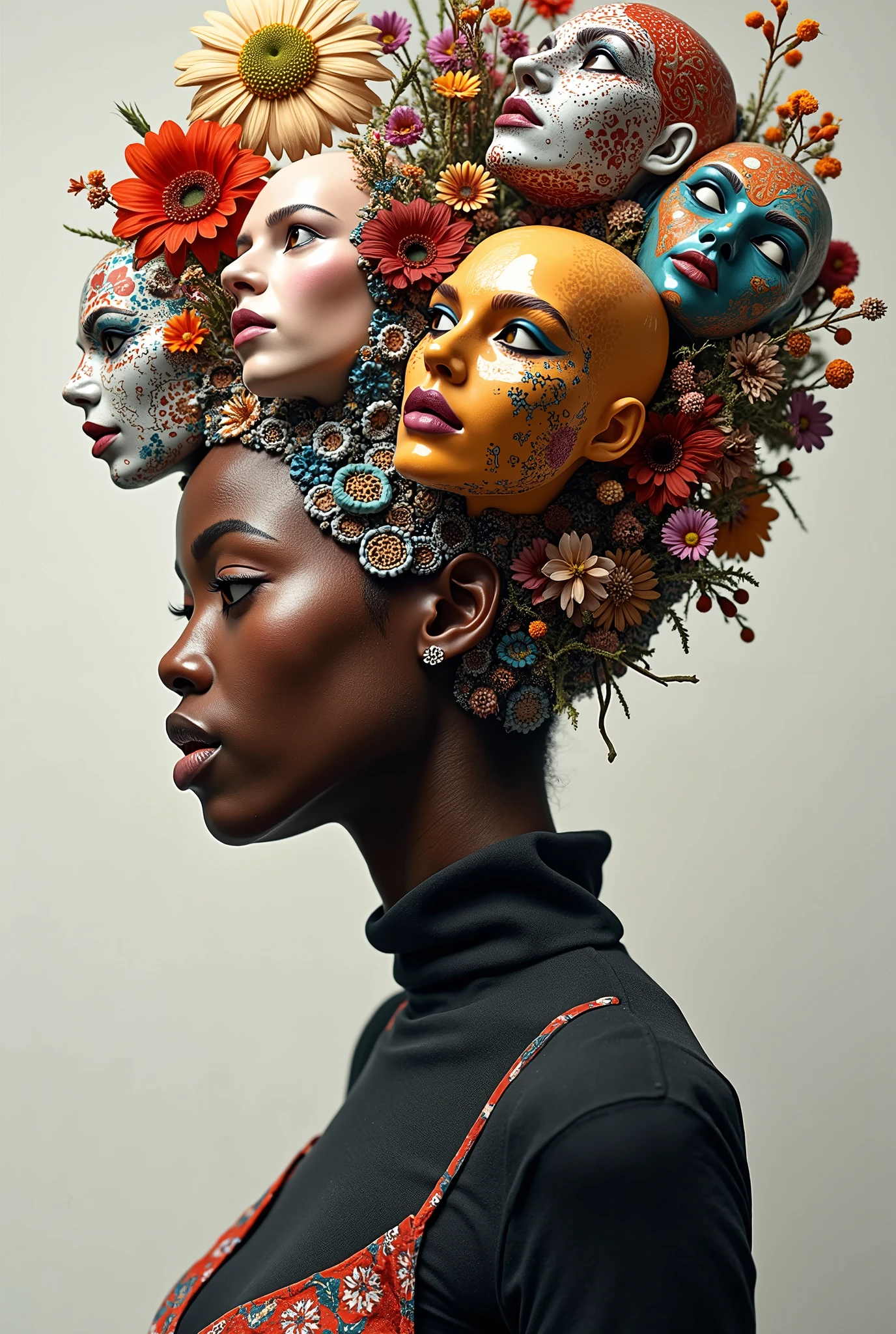 Expressionist artwork images of multiple floating ceramic heads, 3d collage style, make it weird and gallery worthy, ((black woman)), in a turtleneck, portrait, absurdres,highres,ultra detailed,ultra-detailed background,detailed background,extremly detailed,1girl,bunch of flowers,(zentangle:1.2),(geometric:1.2) multi-colored color palette, monochromatic, big , cleavage, sideboob, lingerie, realistic depiction, arms behind back, kaleidoscopic, multidimensional, ethereal glow, captivating uniqueness, surreal juxtapositions, visual symphony, unforgettable visual narrative, edgy, mathematical, simple-shaped vectors, highly modern, stylistic, polygonal abstraction, vector art, bold lines, minimalist color scheme, digital art, abstract geometry
