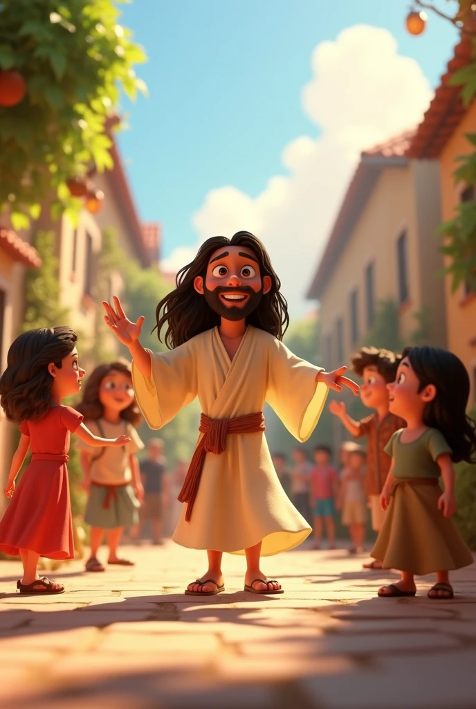 A 3D movie poster in Disney-Pixar style of Jesus as a teenager playing with other kids.